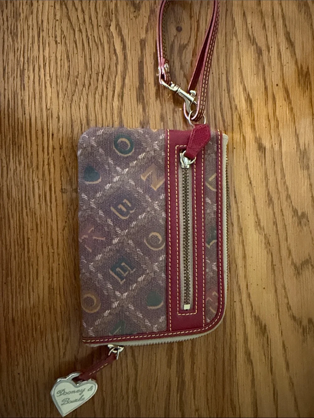Dooney & Bourke Plum Multicolor Logo Zip Wristlet with Heart Charm